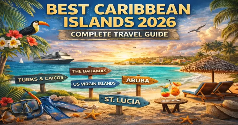 Best Caribbean Islands 2026 showing St. Lucia Piton mountains and resort, Turks and Caicos Grace Bay turquoise water, Barbados Crane Beach and Antigua English Harbour sailboats