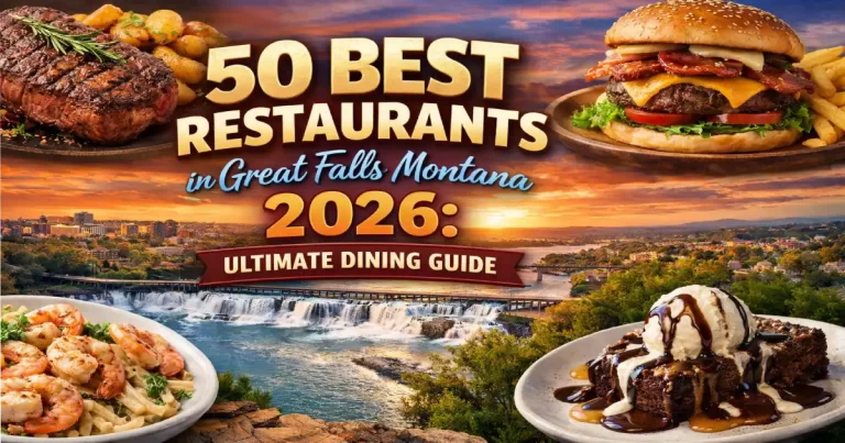Best restaurants in Great Falls Montana 2026 showing downtown Great Falls dining street, Montana steakhouse prime rib plate, craft beer taproom and Missouri River dining view
