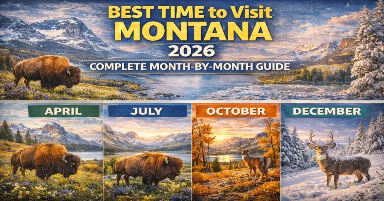 Best time to visit Montana 2026 showing Glacier National Park Going-to-the-Sun Road summer, golden larch trees fall, Madison River fly fishing autumn and Big Sky Resort winter skiing
