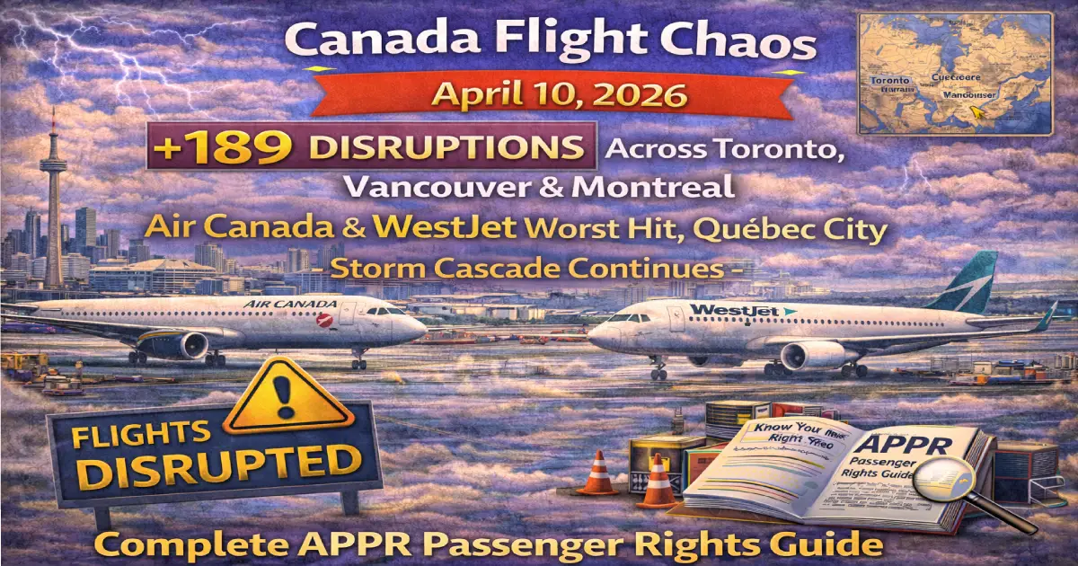 Canada flight chaos April 10 2026 showing 189 total disruptions across Toronto Pearson Vancouver and Montreal with Air Canada and WestJet worst carriers and Jazz Aviation delays hitting domestic and US routes