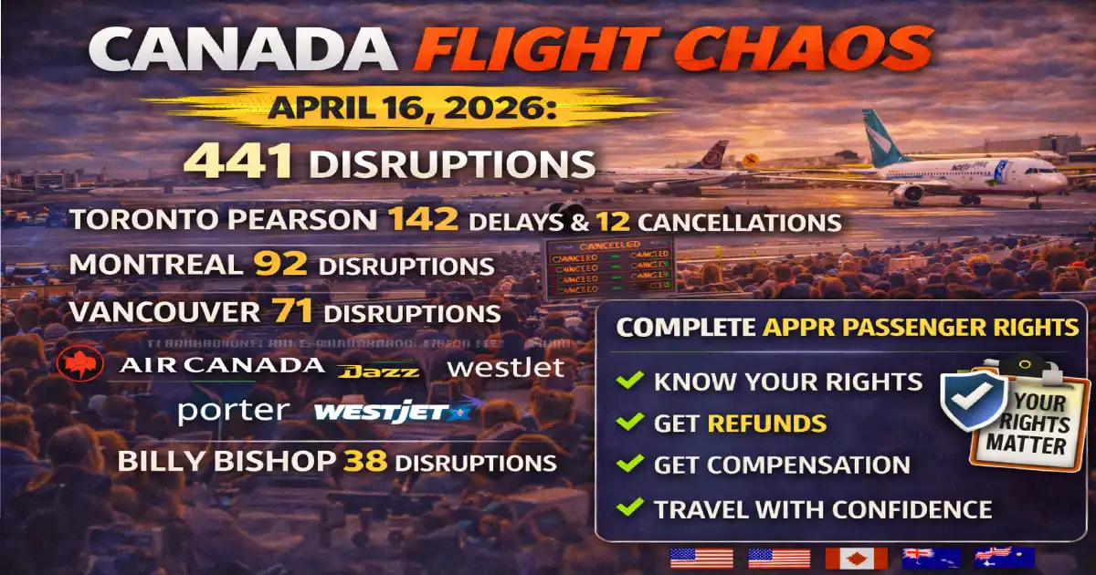 Canada Flight Chaos April 16, 2026: 441 Disruptions — Toronto Pearson 142 Delays & 12 Cancellations, Montreal 92 Disruptions, Vancouver 71 Disruptions — Air Canada, Jazz, Porter, WestJet & Lufthansa All Hit — Billy Bishop 38 Disruptions
