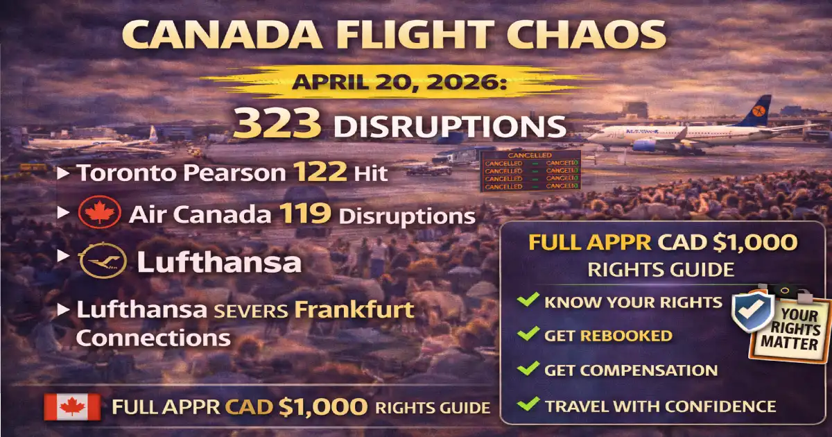 Canada flight chaos April 20 2026 Toronto Pearson 122 disruptions Montreal Vancouver Calgary Air Canada 119 disruptions Jazz WestJet Lufthansa cancellations APPR rights guide
