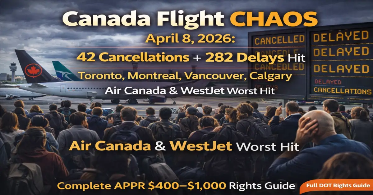 Canada flight chaos April 8 2026 42 cancellations 282 delays Toronto Pearson Montreal Vancouver Calgary Air Canada WestJet Jazz disruptions