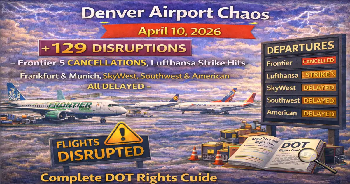 Denver International Airport chaos April 10 2026 122 delays 7 cancellations Frontier Lufthansa SkyWest Southwest American Airlines Frankfurt Munich routes broken