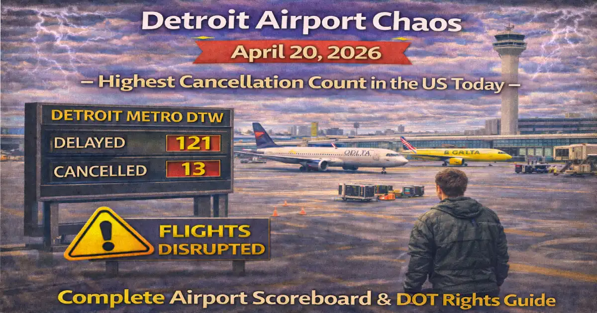 Detroit Metropolitan Wayne County Airport DTW chaos April 20 2026 — 121 delays and 13 cancellations — Delta SkyWest United American Airlines — DOT passenger rights guide