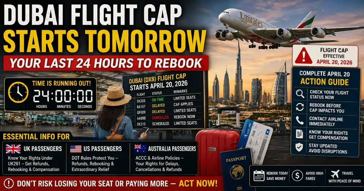 Dubai 1-flight-per-day cap starts MONDAY April 20 — just 24 hours away. BA cancelled to May 31, KLM June 14, Lufthansa May 31. UK, Australia & US