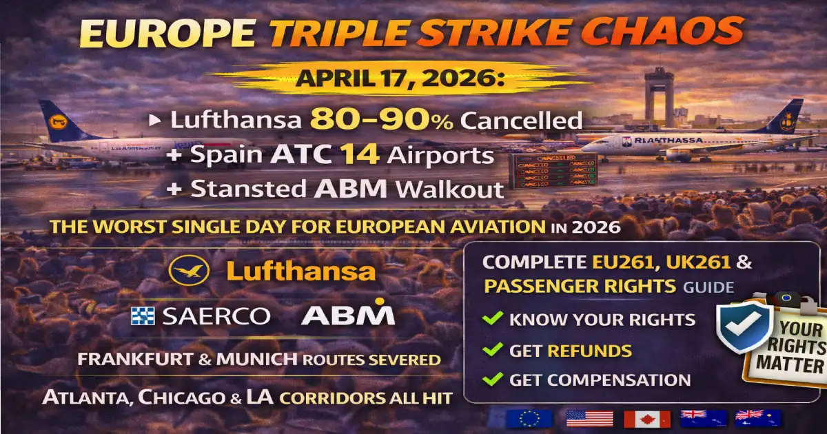 Europe triple strike chaos April 17 2026 — Lufthansa 80–90% cancelled at Frankfurt and Munich, Spain SAERCO ATC strike 14 airports, London Stansted ABM walkout Ryanair easyJet — worst European aviation day of 2026 scoreboard