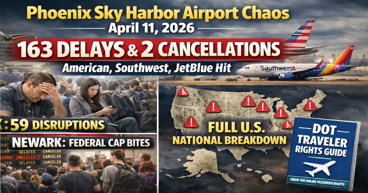 Phoenix Sky Harbor International Airport PHX chaos April 11 2026 163 delays 2 cancellations American Airlines Southwest JetBlue JFK Newark national disruption