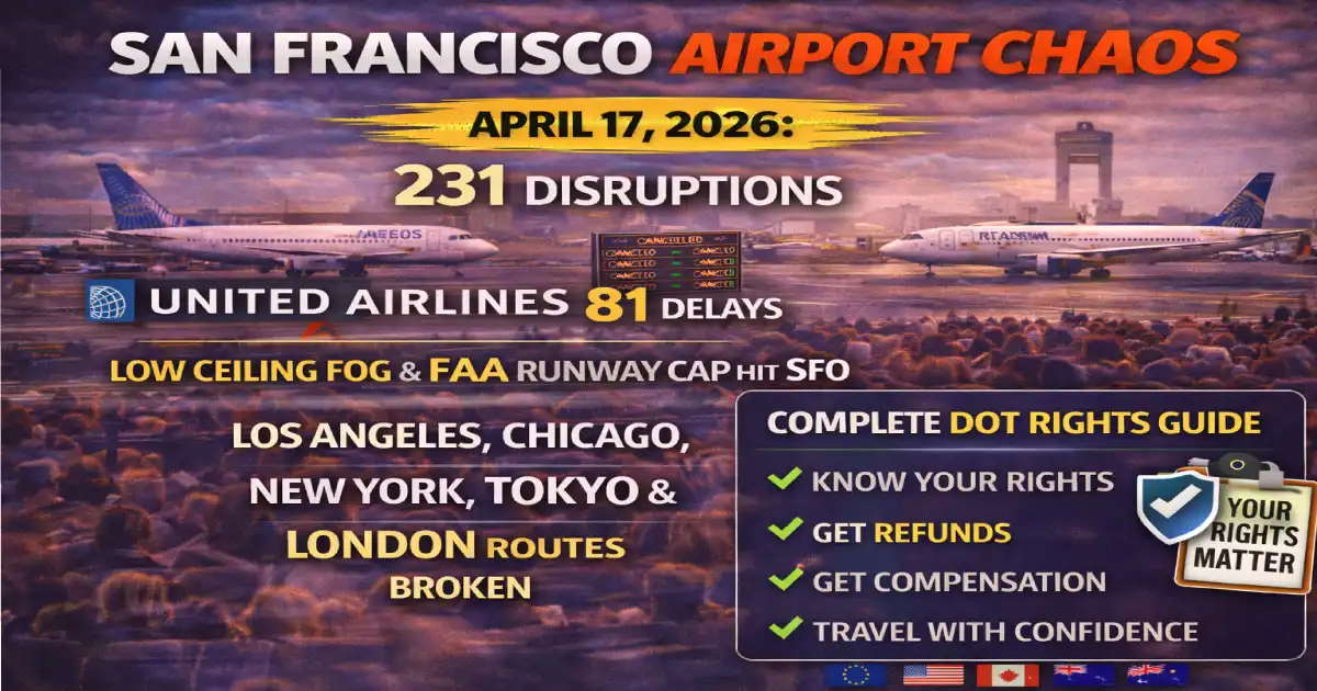 San Francisco International Airport SFO chaos April 17 2026 224 delays 7 cancellations United Airlines 81 delays Delta SkyWest Air Canada low ceiling fog FAA runway restriction DOT rights guide