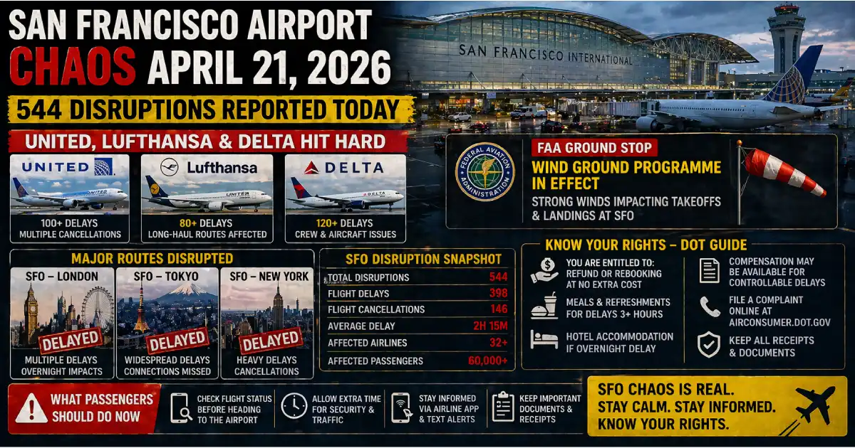 San Francisco International Airport departure hall showing United Airlines delays and cancellations on April 21 2026 during FAA wind traffic management programme
