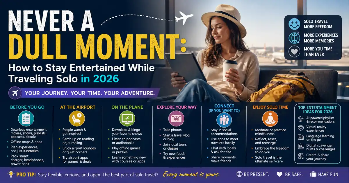 Solo traveler enjoying various entertainment activities including reading, music, and exploring new destinations