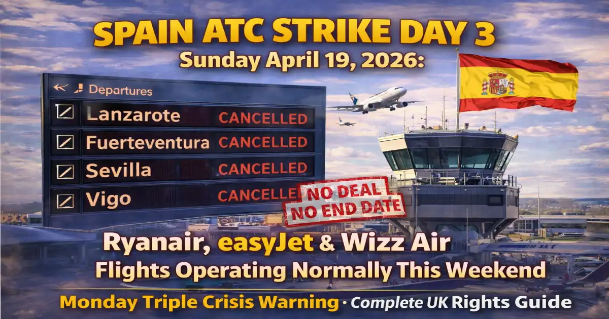 Spain SAERCO ATC strike Day 3 Sunday April 19 2026 Lanzarote Fuerteventura Sevilla Vigo Ryanair easyJet Jet2 TUI no EU261 compensation UK passenger rights guide Feria de Abril Copa del Rey