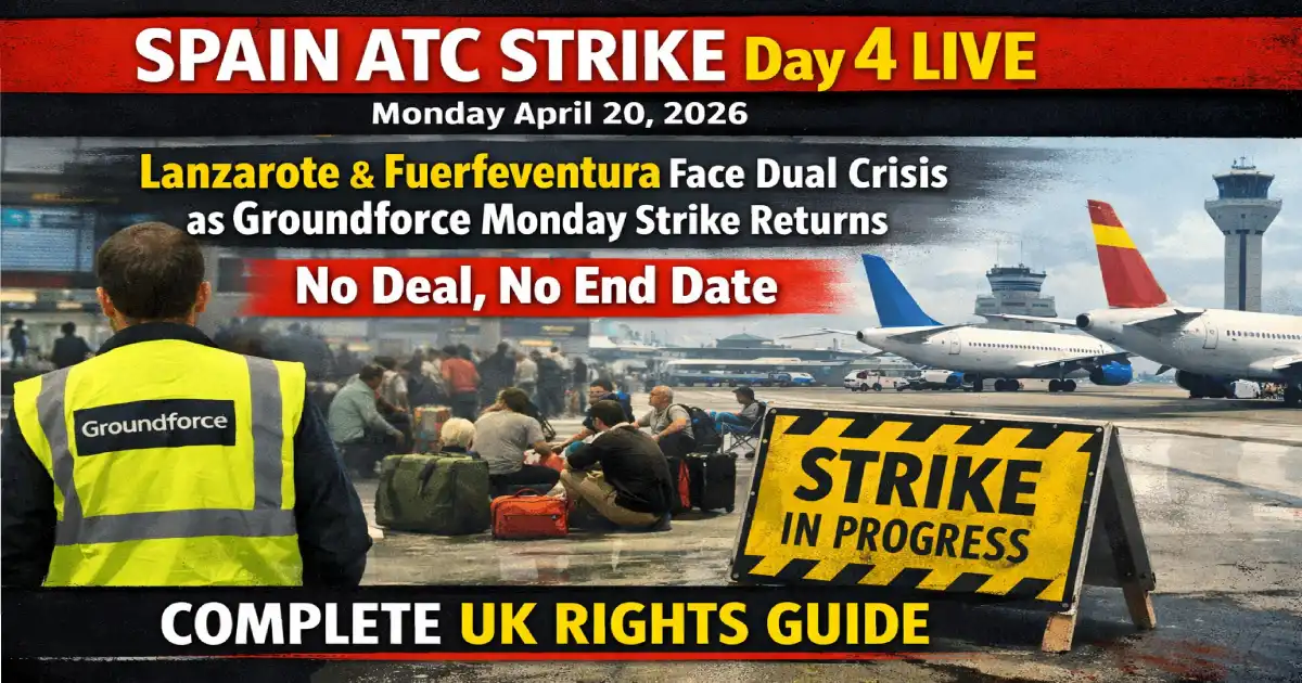 Lanzarote Airport on Day 4 of SAERCO ATC strike Monday April 20 2026 facing dual crisis with Groundforce baggage handlers also active