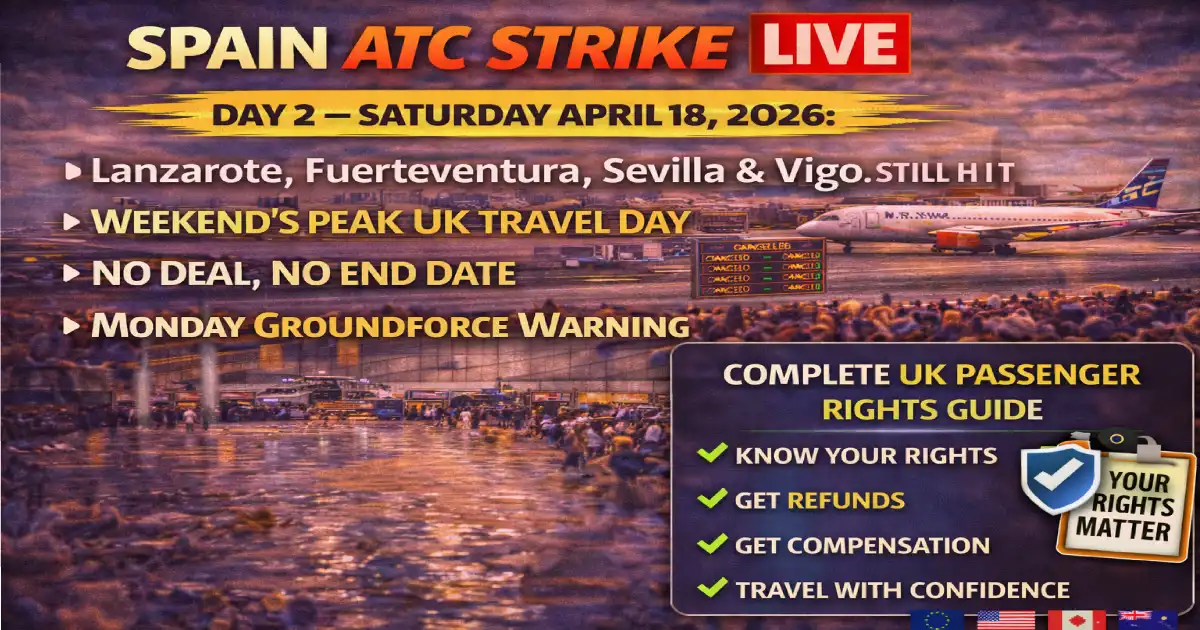 Spain SAERCO ATC strike live Day 2 Saturday April 18 2026 Lanzarote Fuerteventura Sevilla Vigo Ryanair easyJet Jet2 TUI no EU261 compensation duty of care UK passengers Groundforce Monday warning
