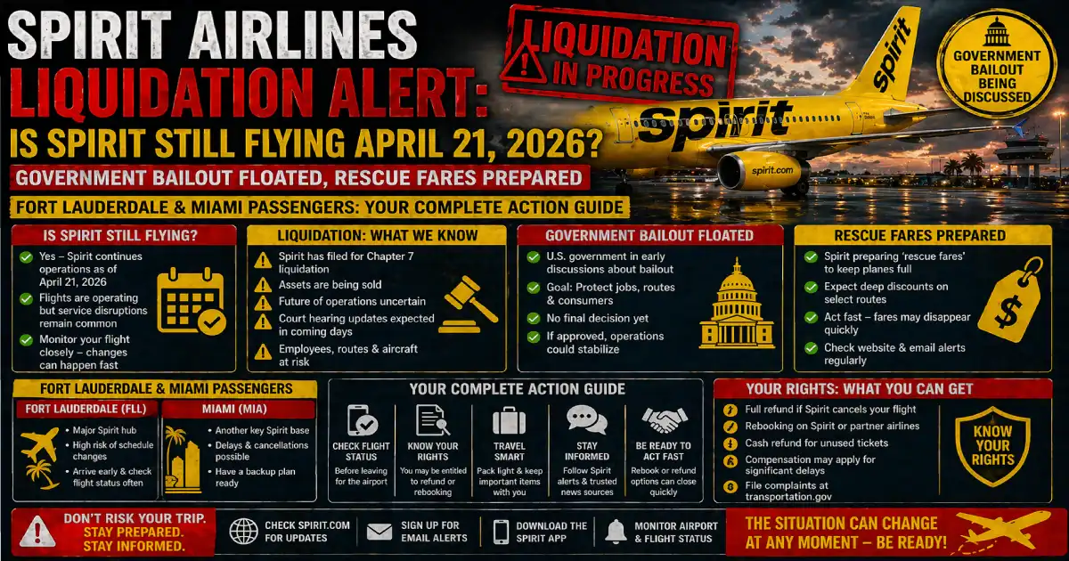 Spirit Airlines liquidation risk April 2026 — yellow planes at Fort Lauderdale FLL airport — Chapter 11 bankruptcy second filing — jet fuel crisis Iran war — rescue fares JetBlue Frontier American — credit card chargeback protection guide