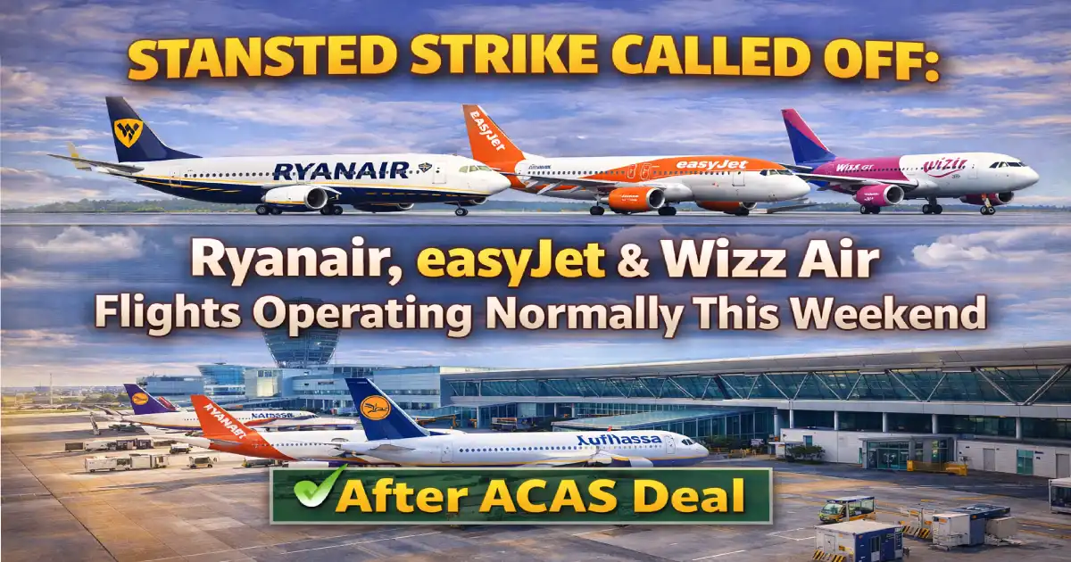 London Stansted Airport ABM strike called off April 19 2026 — Unite and ACAS deal reached — Ryanair easyJet Wizz Air flights operating normally this weekend