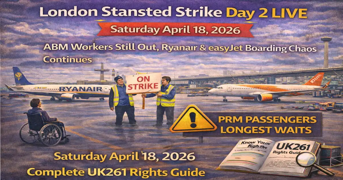Crowded London Stansted Airport departure terminal on Day 2 of the ABM PRM worker strike April 18 2026 with Ryanair and easyJet passengers facing boarding delays