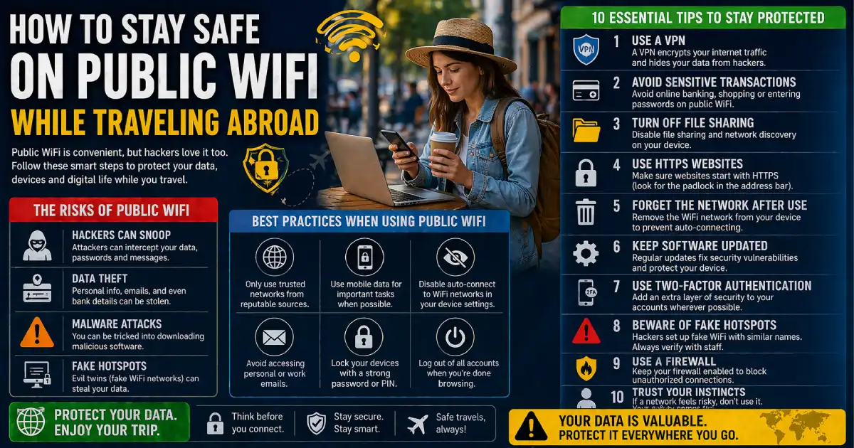 Traveler using laptop with secure VPN connection on public WiFi in airport showing protected browsing