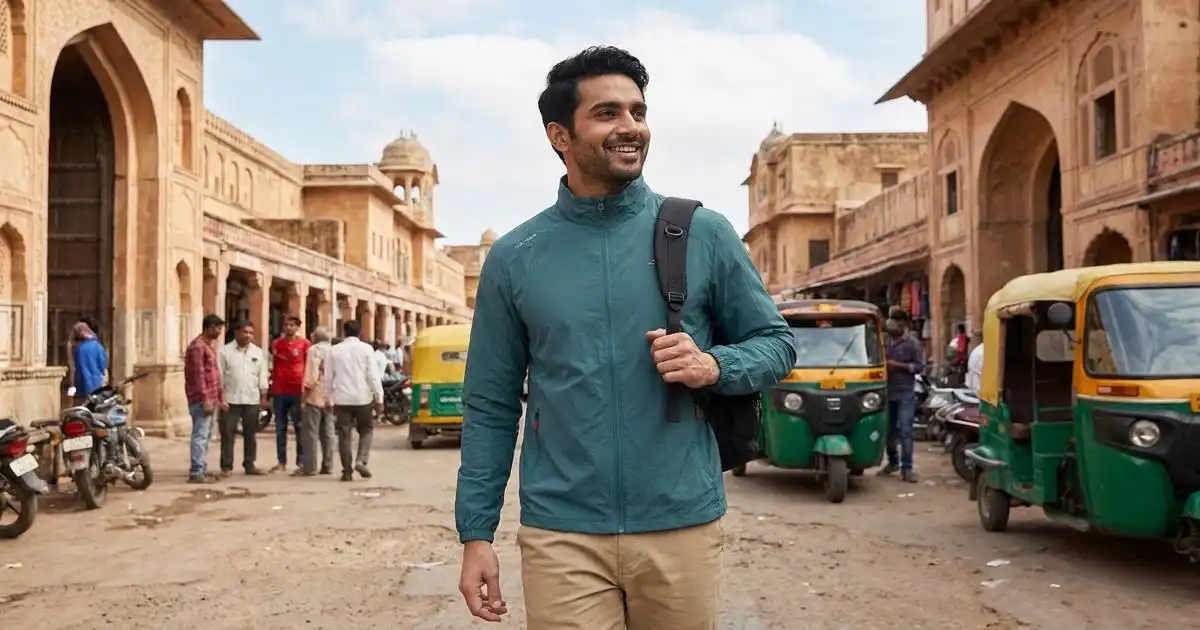 Traveler wearing sun protection clothing including UPF jacket and wide-brimmed hat in hot weather India