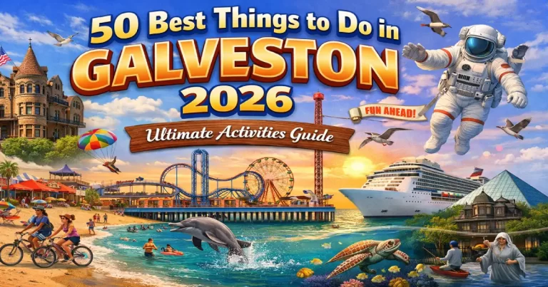 Things to do in Galveston 2026 showing The Strand historic Victorian district, Pleasure Pier amusement rides over Gulf of Mexico, Galveston beach and Moody Gardens pyramid