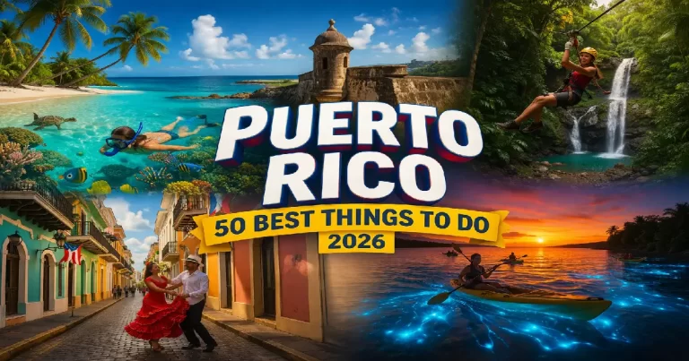 Things to do in Puerto Rico 2026 showing Old San Juan blue cobblestone streets El Morro fortress, Flamenco Beach Culebra turquoise water, El Yunque waterfall and bioluminescent kayaking Vieques