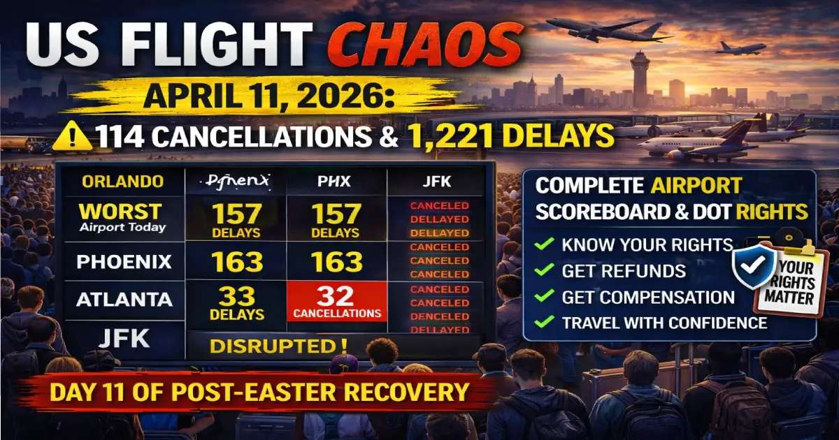 US flight chaos April 11 2026 showing 114 cancellations and 1221 delays nationwide on day eleven of post-Easter disruption with Orlando worst airport by total volume Phoenix 163 delays and Atlanta 33 cancellations across Southwest JetBlue Spirit Delta American