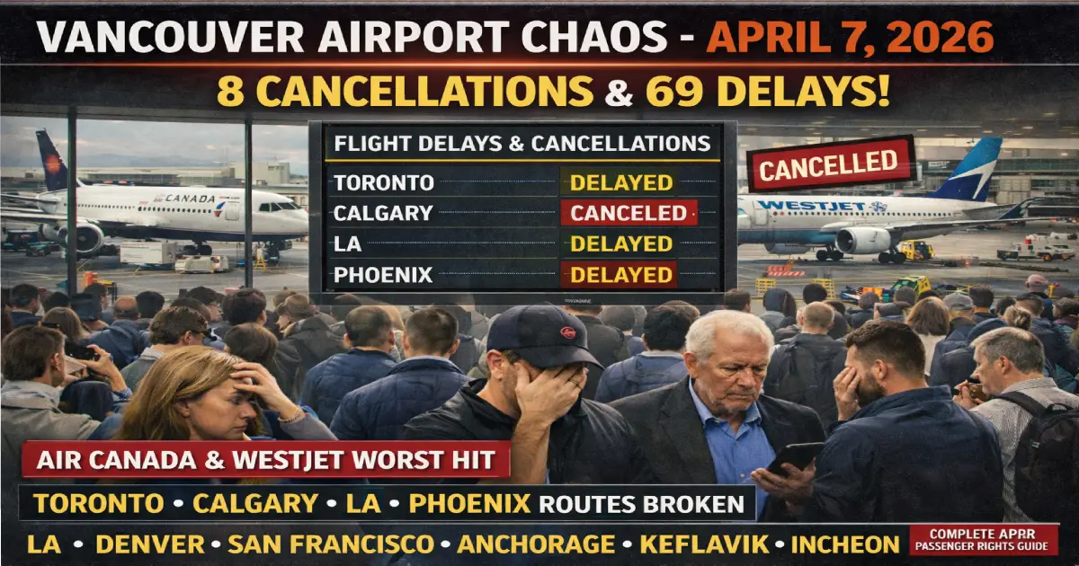 Vancouver International Airport YVR chaos April 7 2026 — 8 cancellations and 69 delays — Air Canada and WestJet worst hit — Toronto Calgary Los Angeles Phoenix routes disrupted — APPR passenger rights guide