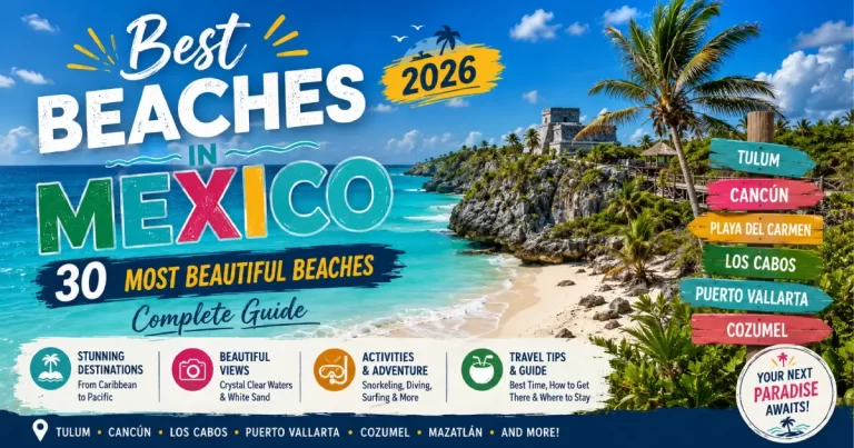 Best beaches in Mexico 2026 showing Cancun Hotel Zone turquoise Caribbean water, Tulum beach Mayan ruins backdrop, Playa del Amor hidden beach Marietas Islands and Holbox island white sand