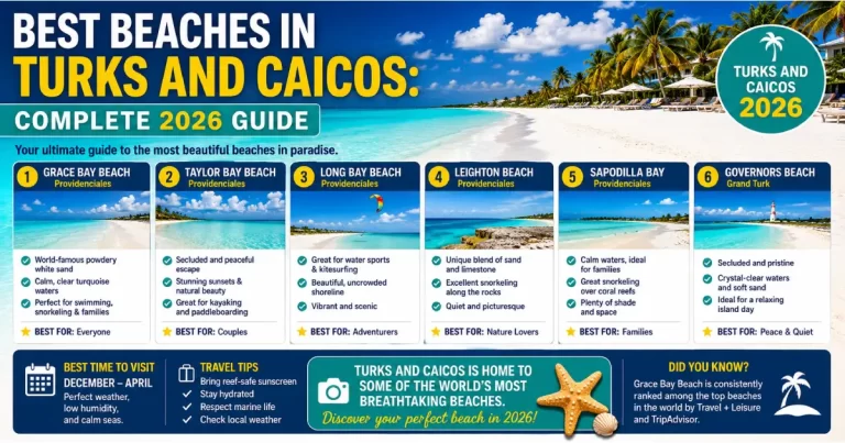 Best beaches Turks and Caicos showing Grace Bay Beach turquoise water, powder-white sand, Smith's Reef snorkeling, and tropical Caribbean paradise