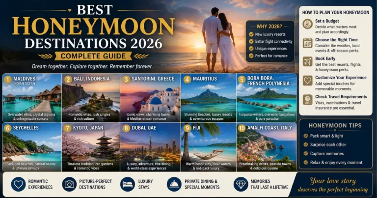 Best honeymoon destinations 2026 showing Maldives overwater bungalows, Santorini sunset, Bora Bora beaches, Paris romance and tropical island luxury resorts