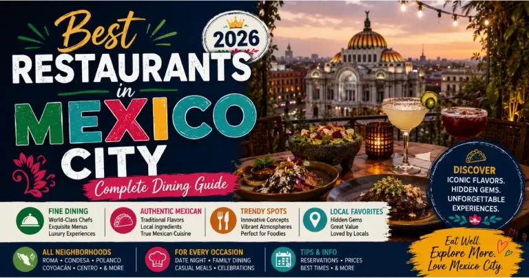 Best restaurants Mexico City 2026 showing Michelin fine dining, street tacos, market food, traditional mole and Mexican culinary excellence