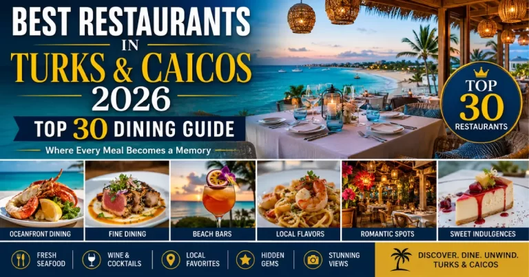 Best restaurants in Turks and Caicos 2026 showing Grace Bay fine dining beachfront table setting, fresh conch salad local dish and Da Conch Shack Blue Hills authentic seafood Providenciales