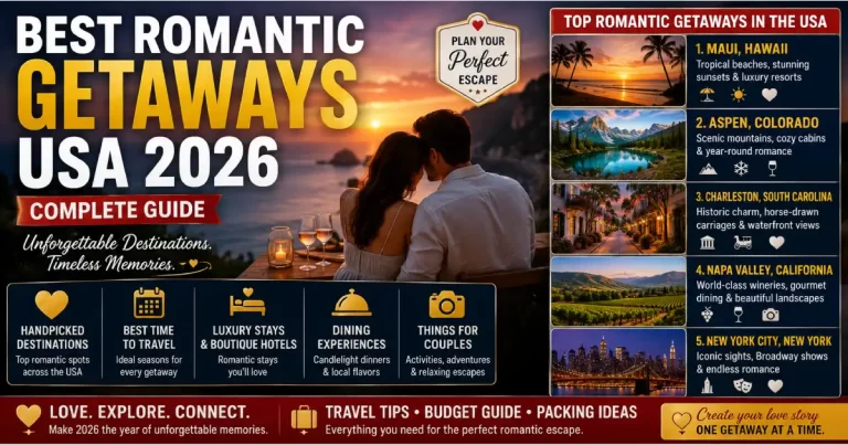Best romantic getaways USA 2026 showing Hawaii beaches, Napa Valley vineyards, Charleston historic streets, Aspen mountains and luxury resort destinations