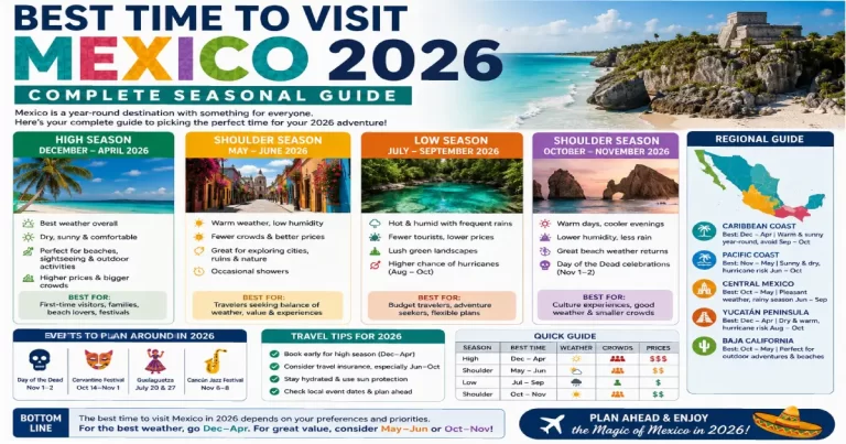 Best time to visit Mexico 2026 showing Cancun beach weather patterns, Riviera Maya seasonal temperatures, hurricane season timing and monthly travel guide