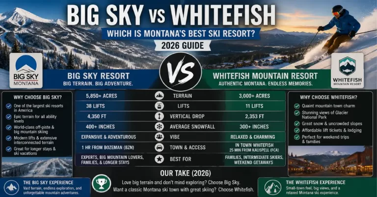 Big Sky vs Whitefish comparison showing Big Sky Resort Lone Mountain summit tram and vast Montana ski terrain left versus Whitefish Mountain Resort snowghost trees and Flathead Valley view right