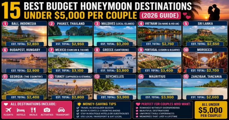 Budget honeymoon destinations under 5000 dollars 2026 showing Bali rice terrace romantic villa, Puerto Rico Old San Juan beach bioluminescent bay, Greece Santorini blue dome and Portugal Algarve cliffs