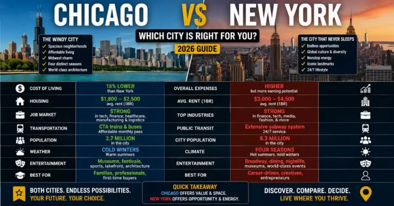 Chicago vs New York comparison showing Chicago Millennium Park Cloud Gate Bean sculpture and Lake Michigan skyline left versus New York Manhattan skyline Central Park and Brooklyn Bridge right
