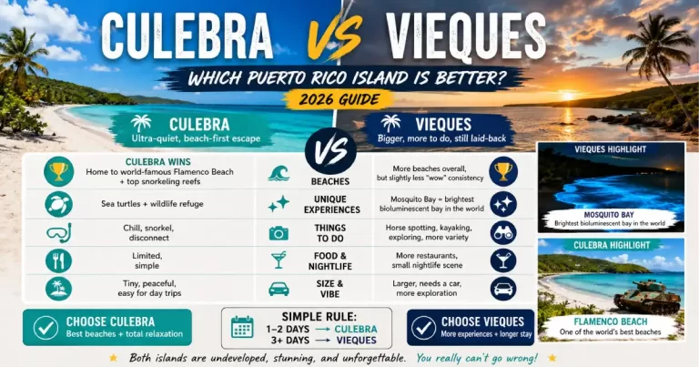 Culebra vs Vieques comparison showing Flamenco Beach Culebra turquoise horseshoe bay left versus Vieques wild paso fino horses on Red Beach and Mosquito Bay bioluminescent water right