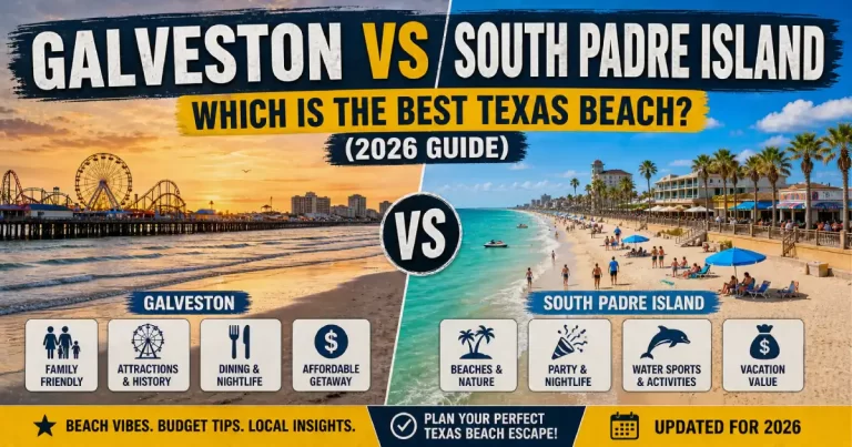 Galveston vs South Padre Island comparison showing Galveston Strand Victorian historic district and Pleasure Pier left versus South Padre Island beach turquoise water and spring break crowds right