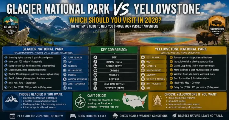 Glacier vs Yellowstone national parks comparison showing Going-to-the-Sun Road alpine scenery, Old Faithful geyser, wildlife viewing and Montana wilderness