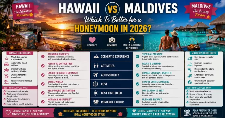 Hawaii vs Maldives honeymoon comparison showing overwater bungalows, tropical beaches, romantic sunsets, waterfalls and luxury resort romance destinations