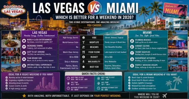 Las Vegas vs Miami comparison showing Vegas Strip casinos, South Beach Ocean Drive, pool parties, nightclubs and weekend party destination scenes