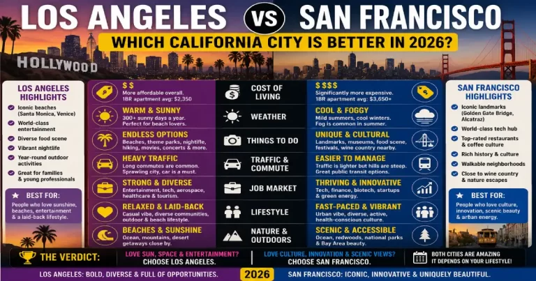 Los Angeles vs San Francisco comparison showing Hollywood sign, Golden Gate Bridge, beaches, cable cars and California city skylines