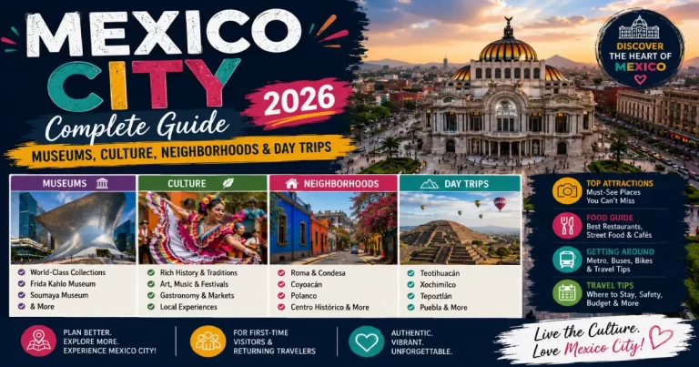 Mexico City complete guide showing Frida Kahlo Museum, National Anthropology Museum, colonial architecture, Teotihuacan pyramids and cultural neighborhoods