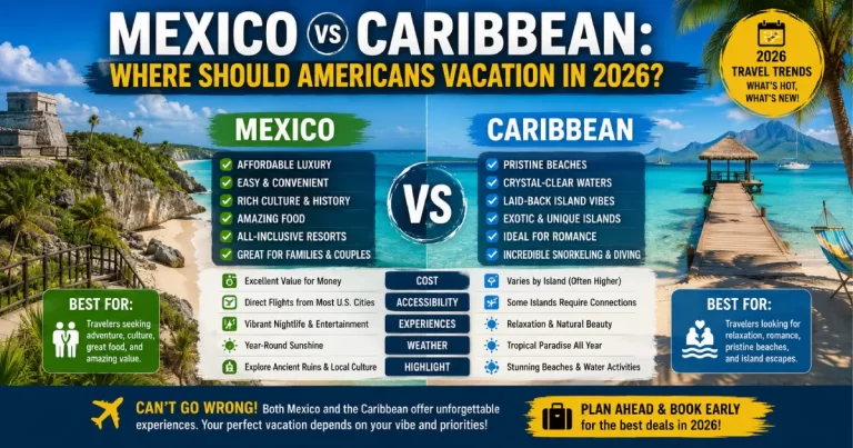 Mexico vs Caribbean vacation comparison showing Cancun beaches, Dominican Republic resorts, Riviera Maya cenotes, Caribbean turquoise waters and tropical destinations