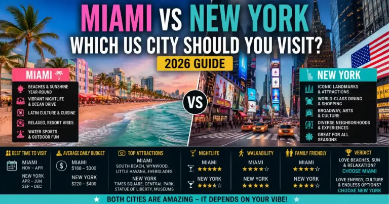 Miami vs New York comparison showing Miami South Beach Art Deco Ocean Drive and turquoise beach left versus New York City Manhattan skyline Central Park and Times Square right