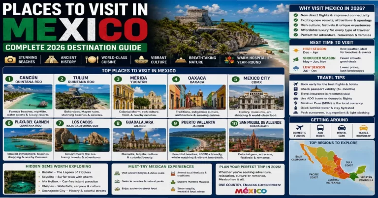 Places to visit Mexico 2026 showing Cancun beaches, Chichen Itza Mayan ruins, cenote caves, colonial architecture and Mexican destinations