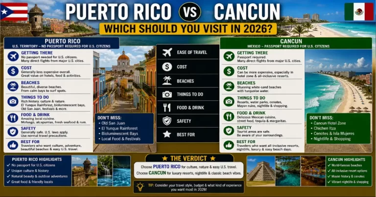 Puerto Rico vs Cancun comparison showing Old San Juan colorful colonial streets and Flamenco Beach Culebra left versus Cancun Hotel Zone turquoise Caribbean beach and all-inclusive resorts right