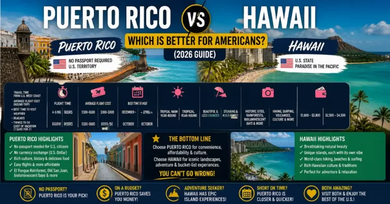 Puerto Rico vs Hawaii comparison showing Old San Juan blue cobblestone streets and Flamenco Beach Culebra left versus Waikiki Beach Diamond Head and Na Pali Coast Kauai right