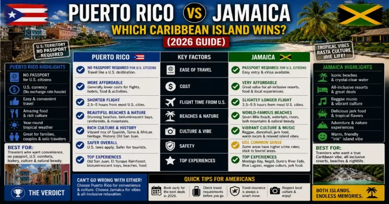 Puerto Rico vs Jamaica comparison showing Old San Juan colorful colonial streets and Flamenco Beach Culebra left versus Jamaica Dunn's River Falls and Seven Mile Beach Negril right